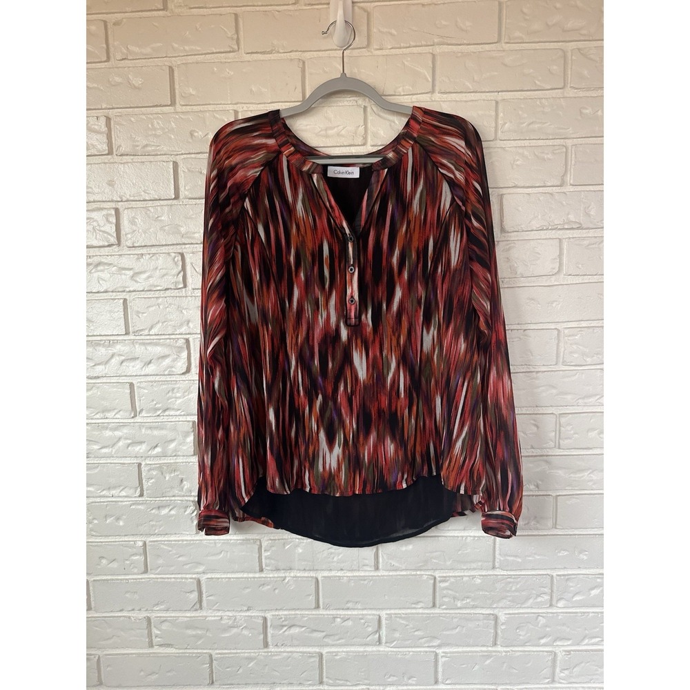 Calvin Klein Women's Multicolor Ikat Print Sheer Chiffon Hi-Low Blouse Medium - Picture 1 of 9